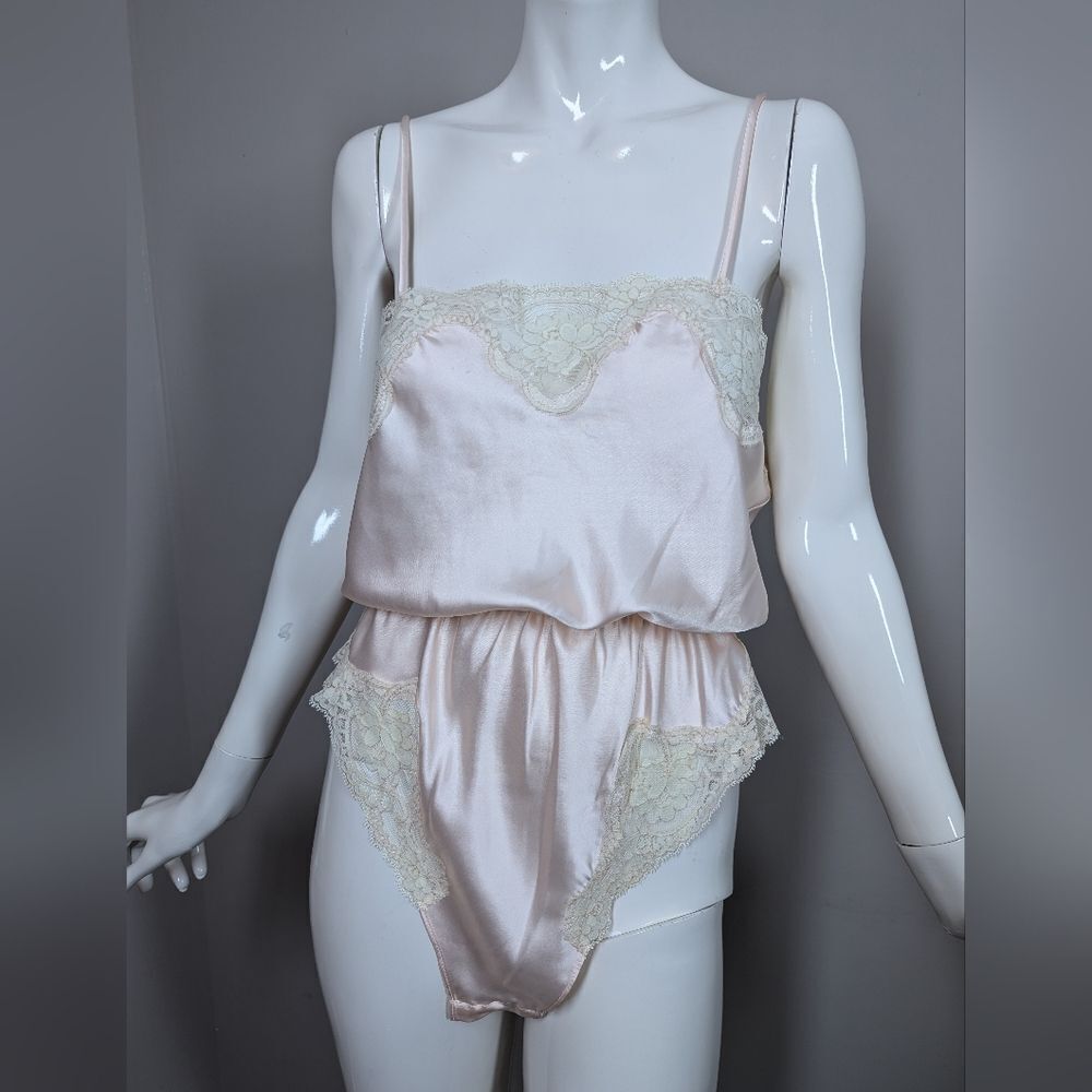 Vintage Pink Satin Teddy Lingerie Size 34 Lace Trim One Piece Bodysuit Slip Romp